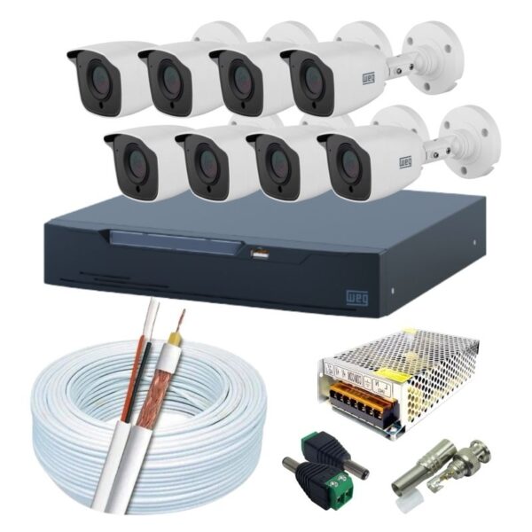 Kit CFTV Completo com 8 Câmeras Bullet HD, DVR WEG 8 Canais e Fonte 10A Bivolt